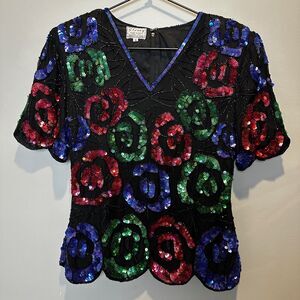 Vintage Stenay Colorful Sequin Scalloped Top Womens Small 100% Silk